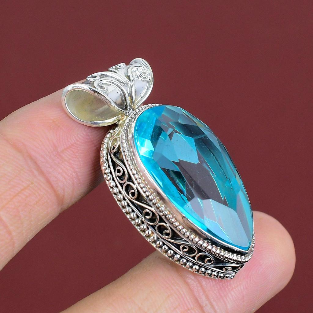 Faceted Swiss Blue Topaz Pendant Vintage Gemstone Pendant 925 Sterling Silver Pendant Handmade Jewelry Engagement Gifts Statement Pendant