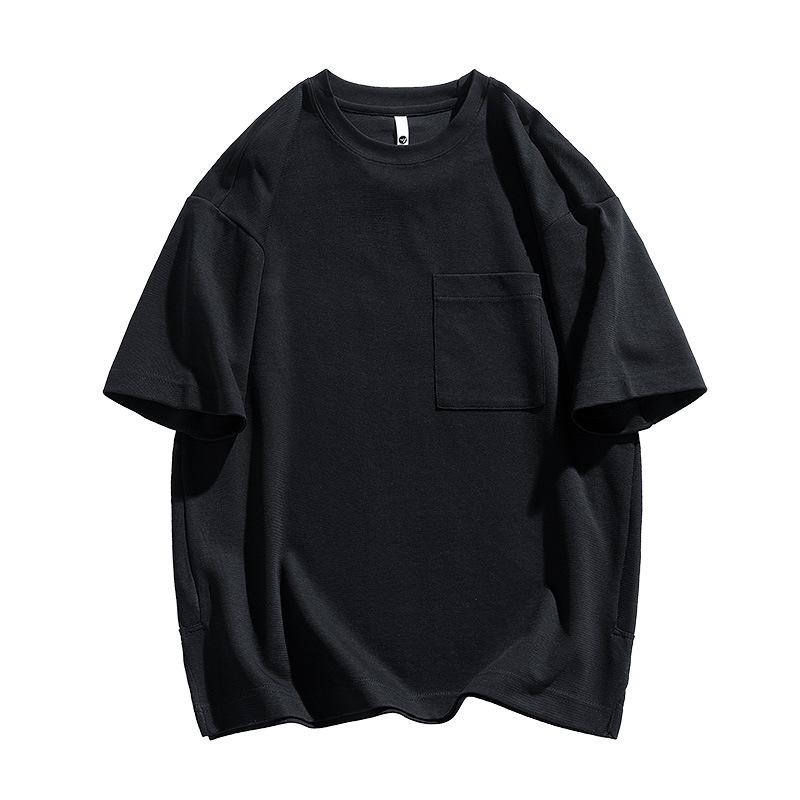 Men's Summer Heavyweight Pocket T-Shirt - Loose Fit, Solid Color, Short Sleeve, Slit Design.