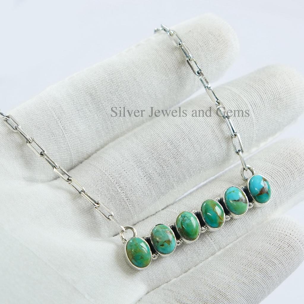 Natural Turquoise Bar Necklace, Birthday Necklace, 925 Sterling Silver Necklace, Multi Stone Necklace, Handmade Paper Clip Chain Necklace