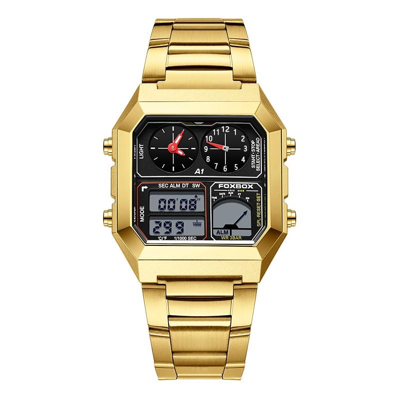 For FB0057 4 Subdials 40mm Simple Square Gold Chronograph Alarm Date Stainless Steel Business Waterproof WristWatch+ Gift Box