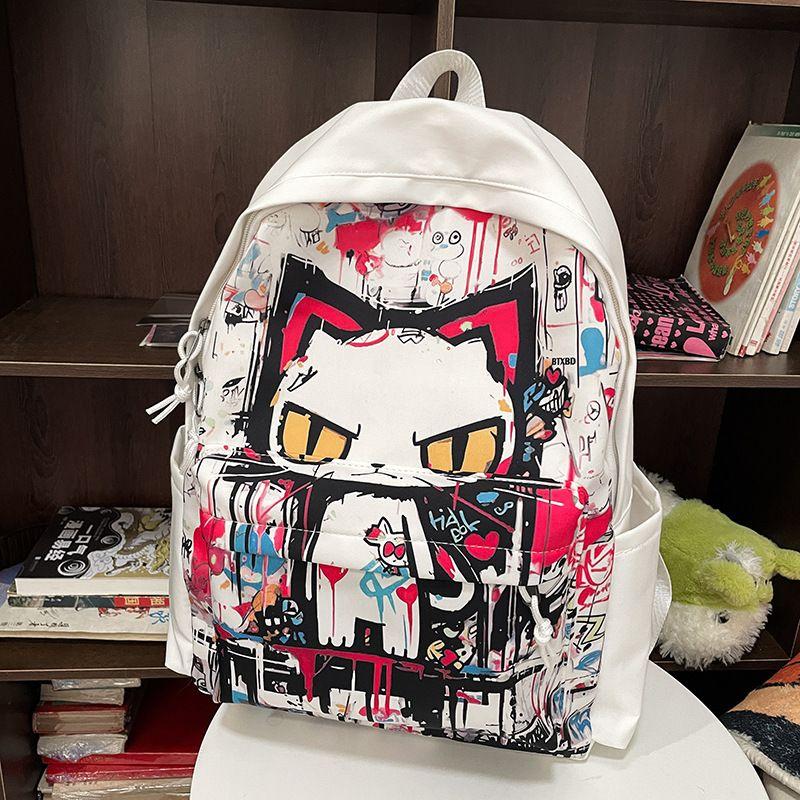 

Junior High School Girls Mixed Schoolbag American High Street Fashionable Men Good-looking Niche Style Dark Graffiti Cartoon Backpack White single pack