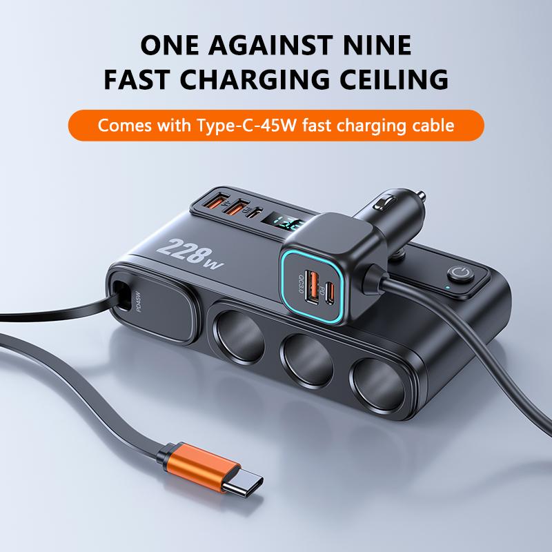SEAMETAL 9 IN 1 228W USB C Car Charger Adapter QC3.0 With PD45W Telescopic Cable LED Voltage Display 12V/24V