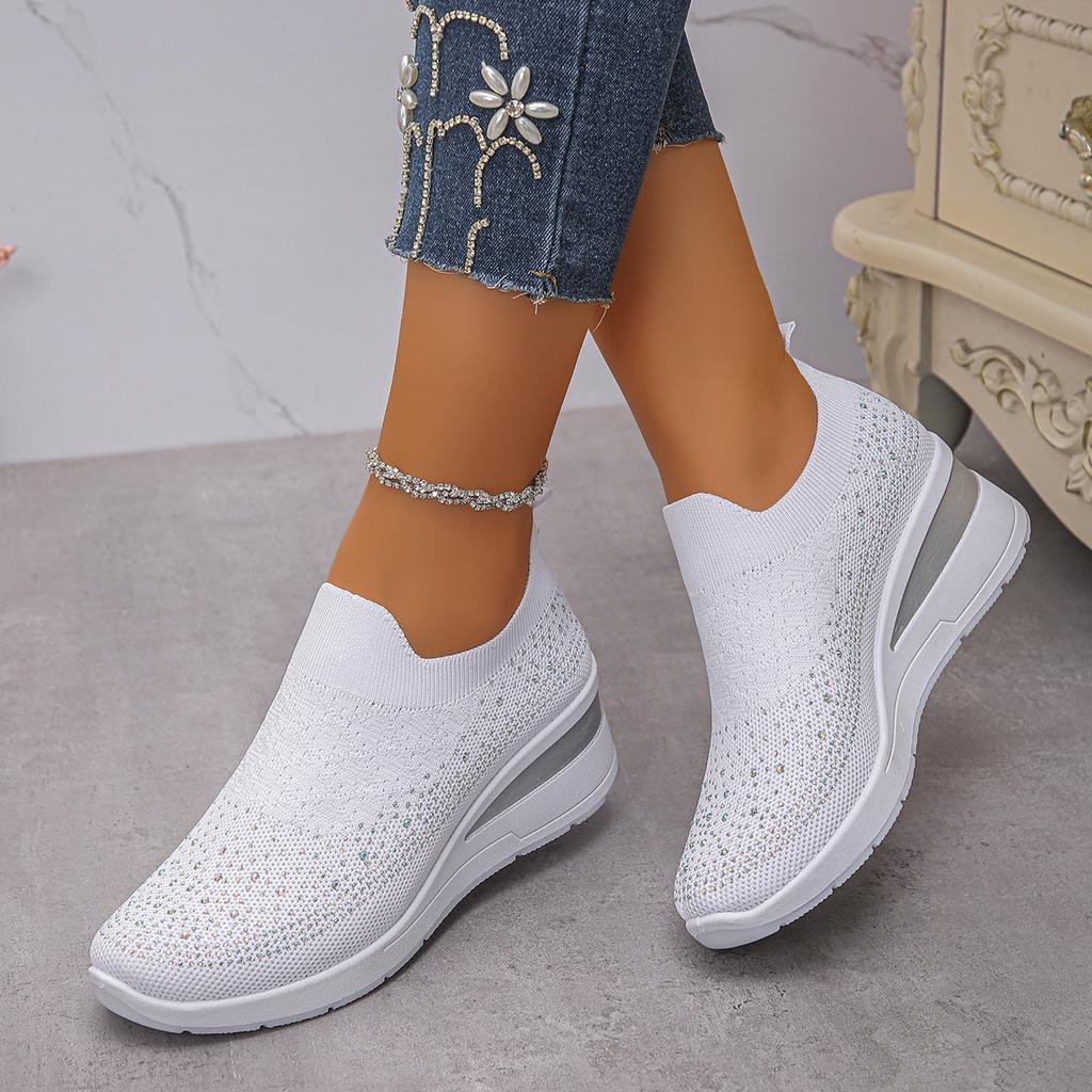 Fashion Autumn Women's Fashion Rhinestone Sneakers Breathable Mesh Slip On Flat Shoes for Outdoor Casual Wedges Women Vulcanize Shoes