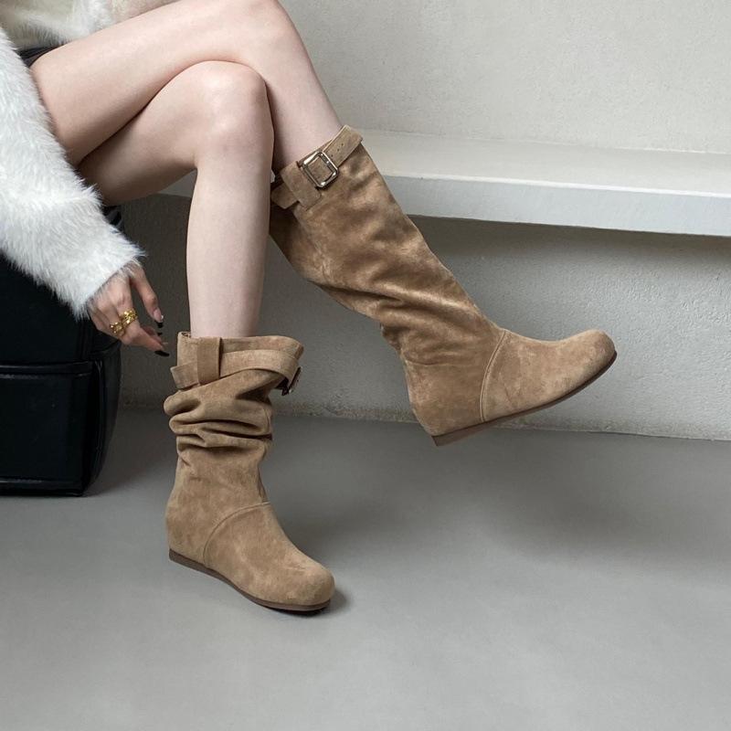 Inner Height Increase Small Suede Stacking Boots Medium Tube Knight Boots Women's Shoes 2025 New Autumn and Winter Medium Tube Boots Children
