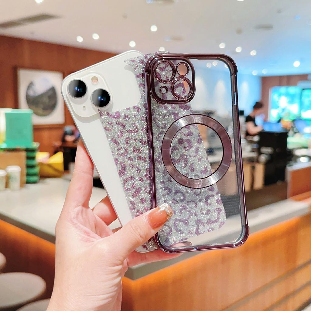For iPhone 15 Case Compatible with MagSafe Bling Glitter Leopard Print TPU Clear Phone Cover