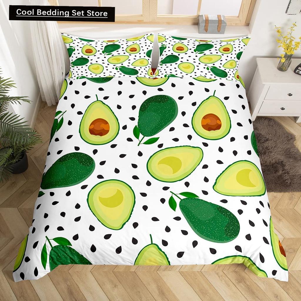 Husă de pilotă verde avocado King Queen Set de lenjerie de pat cu avocado din desene animate Husă de pilota cu fructe Husă de pilotă din poliester cu plante tropicale