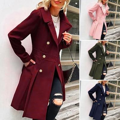 Women Woolen Jacket Turn-down Collar Solid Color Double-breasted Coat Mid Length Thermal Long Sleeved Commuting Dating Spring Fall Winter Overcoat