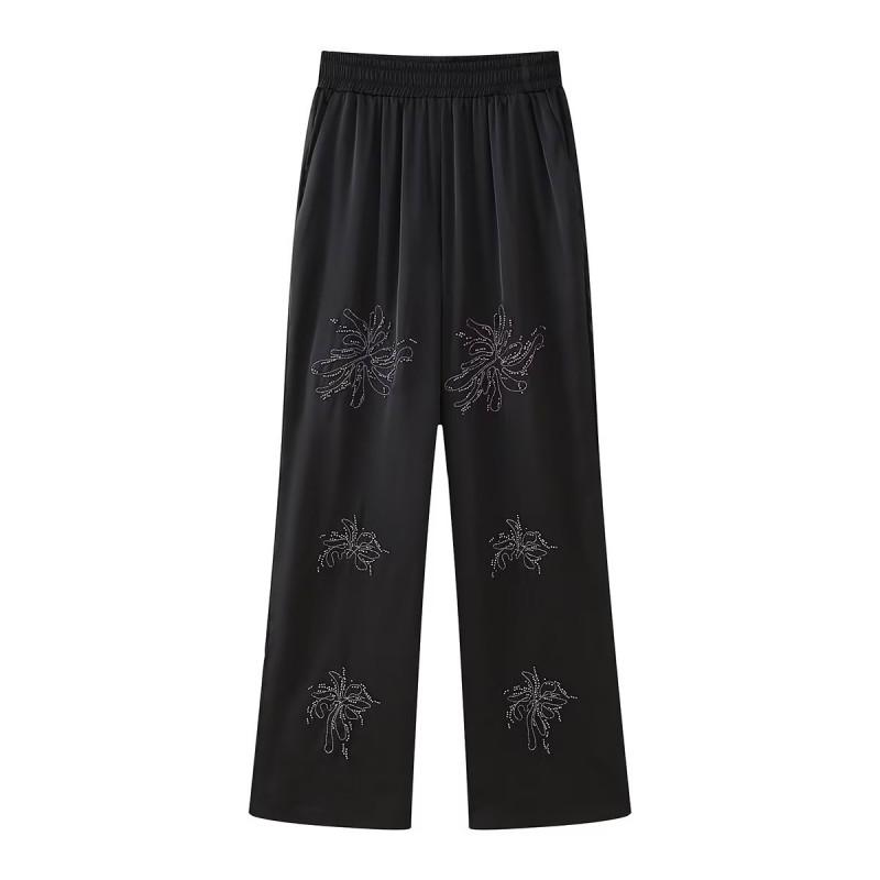 2026 Womens Wide Leg Pants Beaded Embroidered Casual Trousers