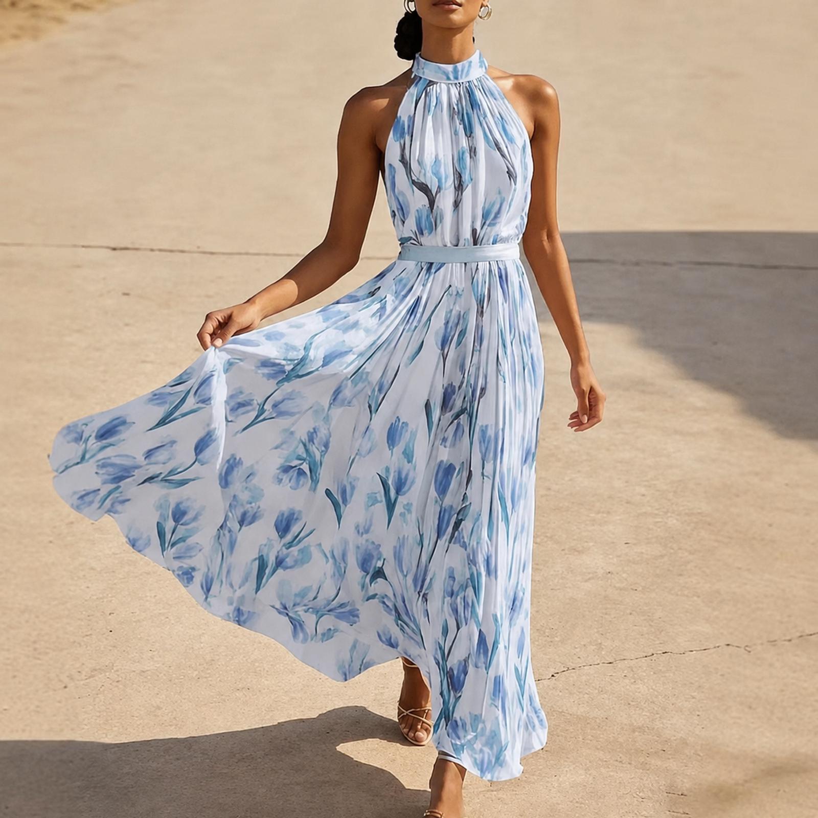 Women s Halter Neck Maxi Dress with Floral Print Sleeveless Vacation Dress Flowy Bohemian Style Summer Dress for Outdoor Events L