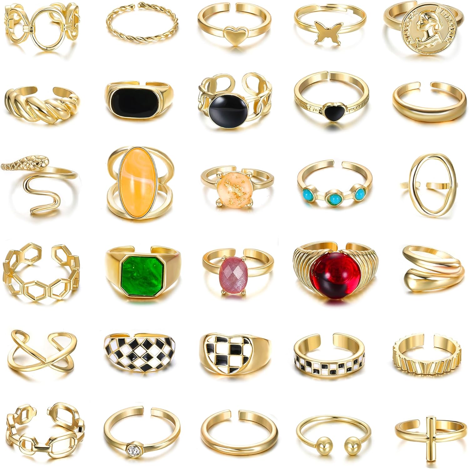 

Bobisty 30Pcs Gold Plated Chunky Rings for Women Twisted Signet Ring Stackable Knuckle Midi Ring Adjustable Open Ring Sets