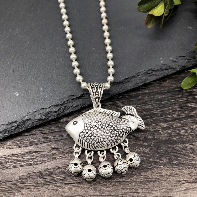 Vintage Thai silver long necklace flower pendant simple long sweater chain accessories women