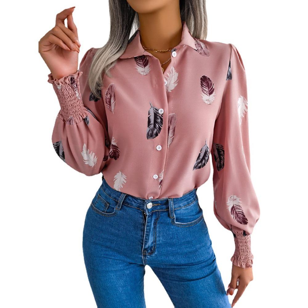 

Весенне-летняя рубашка с лацканами и рукавами-фонариками в европейском и американском стиле L розовый