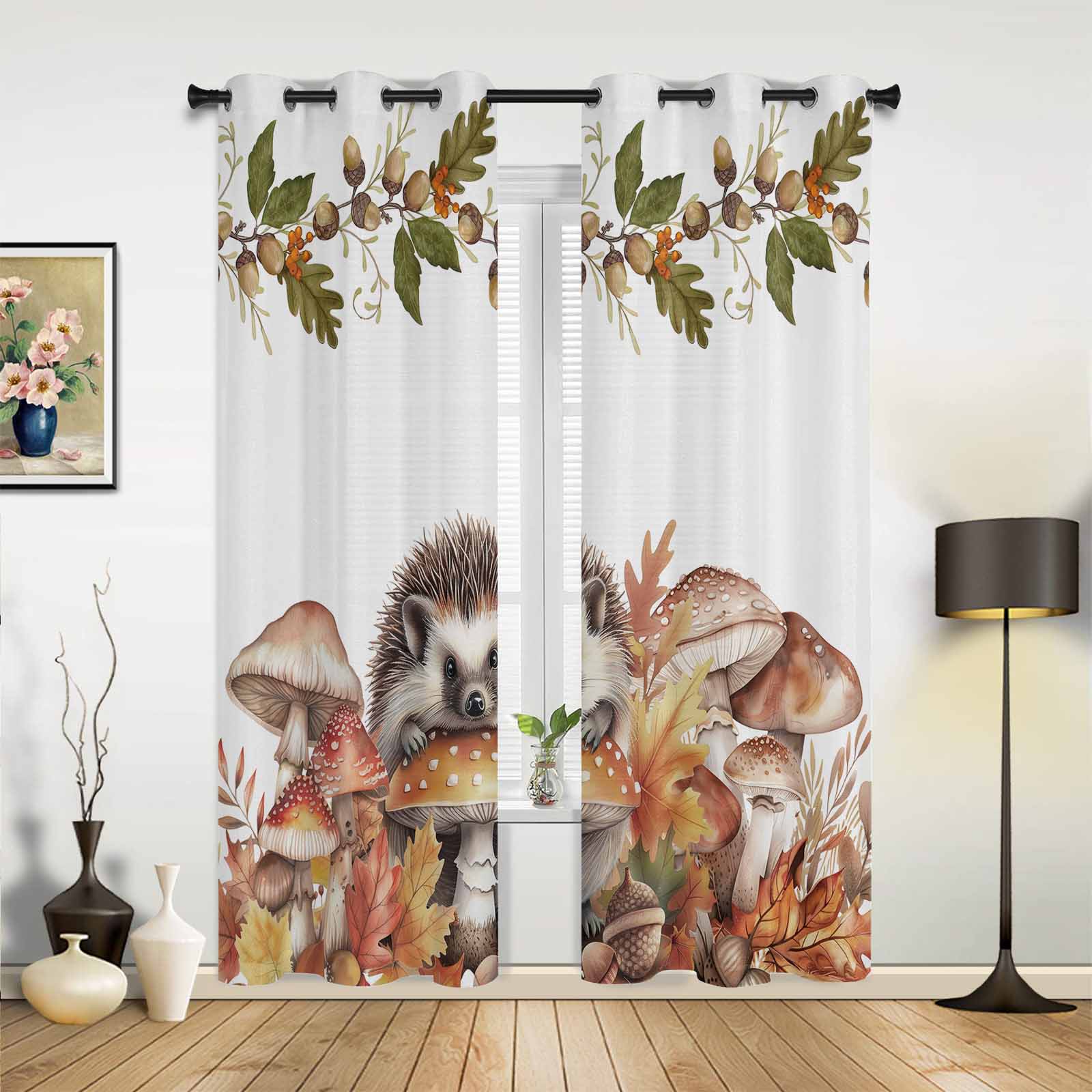 

Autumn Leaves Pumpkin Mushroom Hedgehog Curtains for Bedroom Living Room Drapes Kitchen Kid s Room Window Curtain Home Decor 135W x 215H(cm) x1