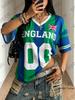 Sommer Neues Streifen England Druck T-Shirt Für Damen Kurzarm Patchwork V-Ausschnitt T-Shirts Sport Fußballtrikot Y2K Übergroße Oberteile