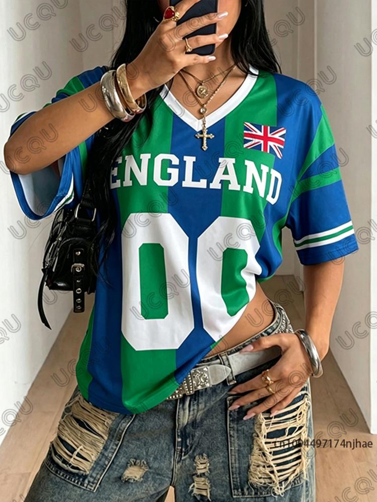 Sommer Neues Streifen England Druck T-Shirt Für Damen Kurzarm Patchwork V-Ausschnitt T-Shirts Sport Fußballtrikot Y2K Übergroße Oberteile