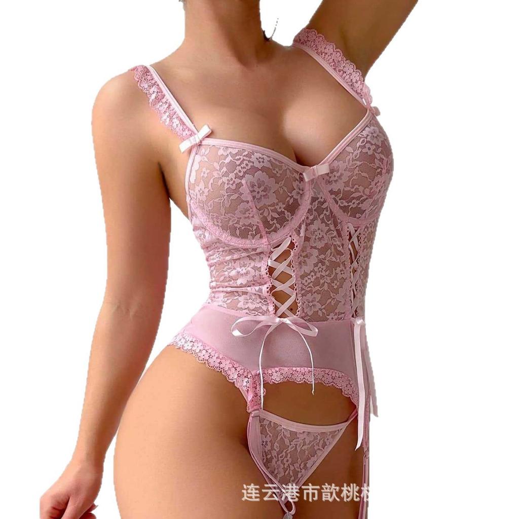 Large size explosive sex underwear sexy lace gathering suspender thong set Europe and America