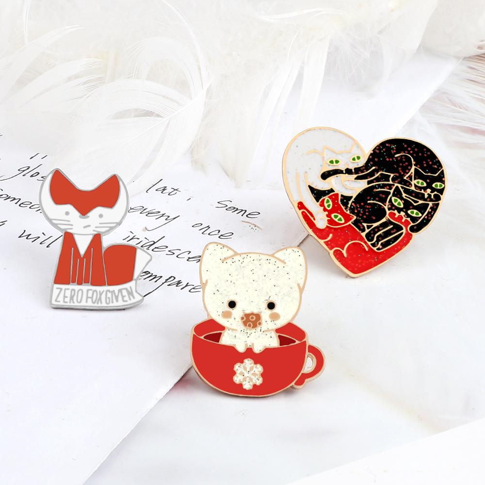 Animal Cats Fox Brooch Cartoon Teacup Kitten Enamel Pins Funny Personality Custom Badge Bag Cloth Lapel Pin Fashion Jewelry Gift