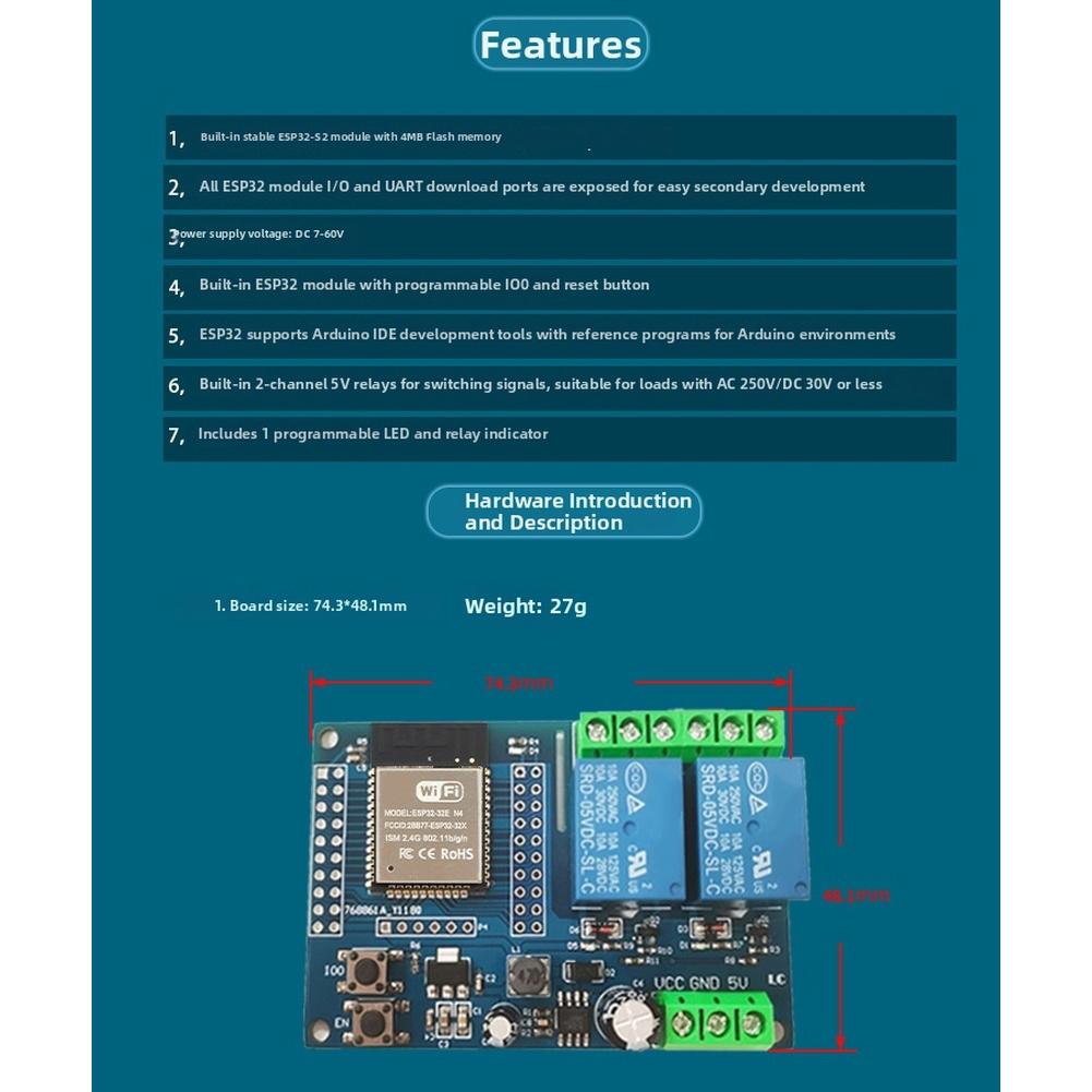 FOR ESP32 Dual WiFi Relay Module DC5-60V Power FOR ESP32 -WROOM Development Wide Voltage Input Supports DC 5-60V Power Supply