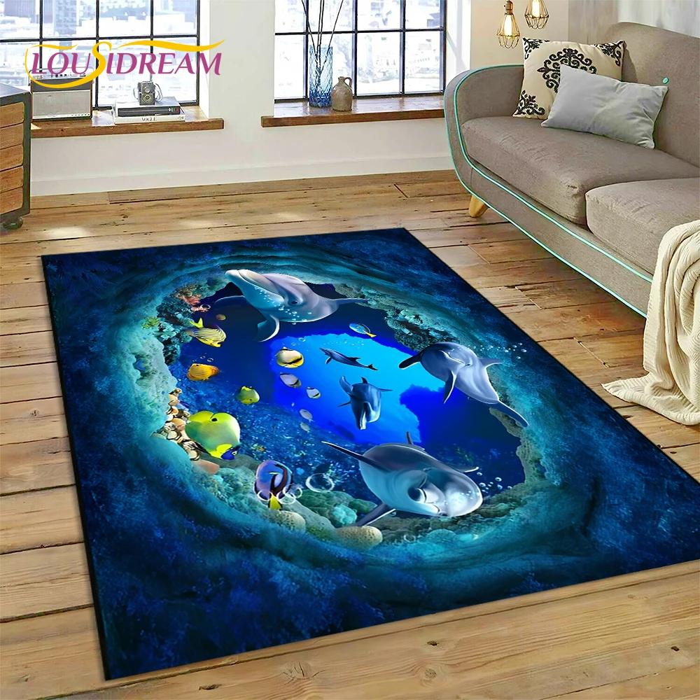 3D Illusion Underwater World Seabed Shark Dolphin Cartoon Carpet Rug for Bedroom Living Room Sofa Decoration,Kid Decor Floor Mat