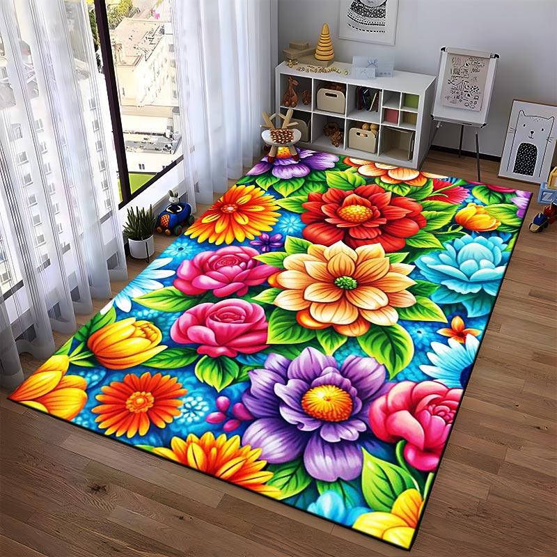 Floral Carpet with Vibrant Multicolor Flowers on Blue Background Suitable for use as an anti-slip for living room bedroom sofas