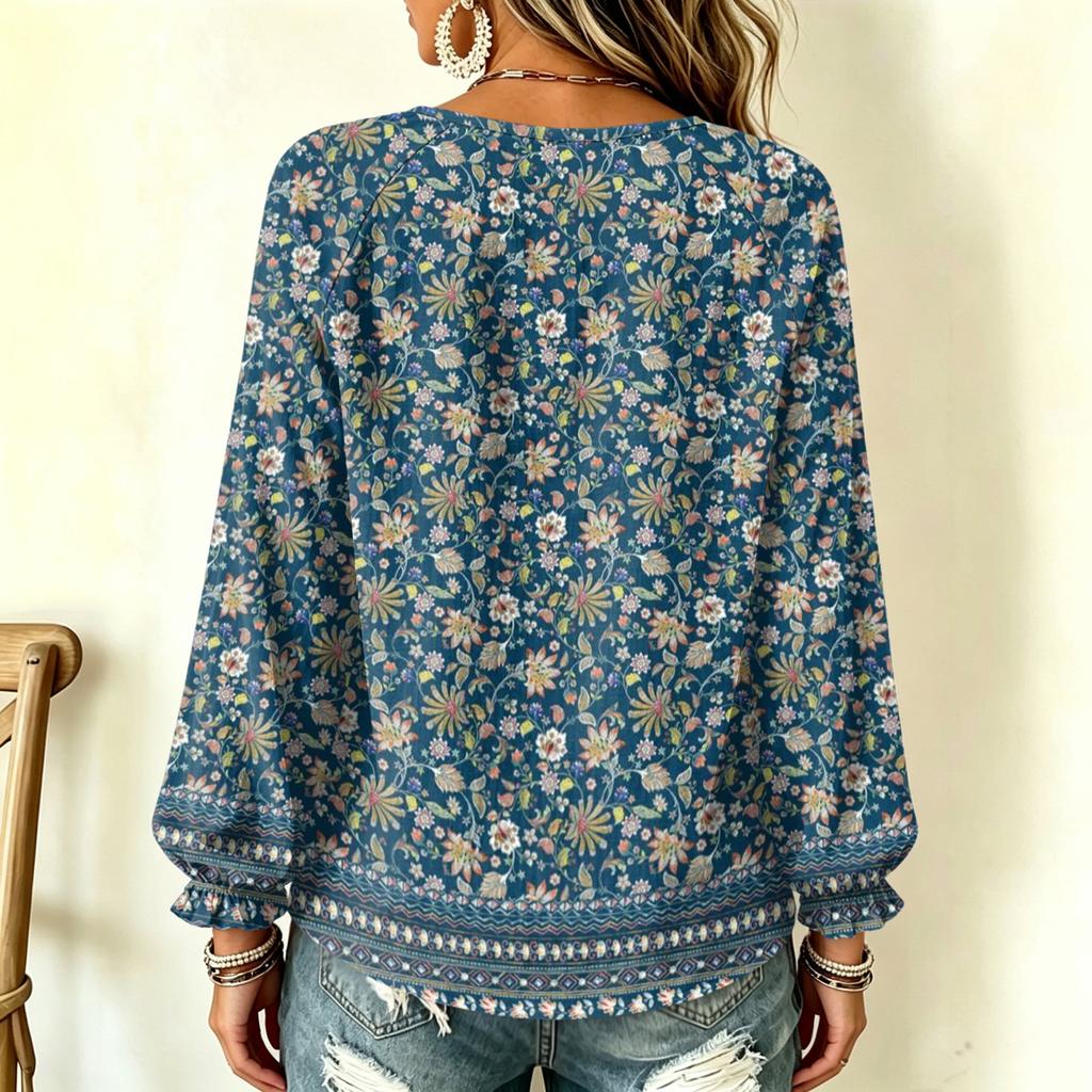 Damen Vintage Blumenmuster Halsschleife Vorne Langarm Rüschen Pullover Top
