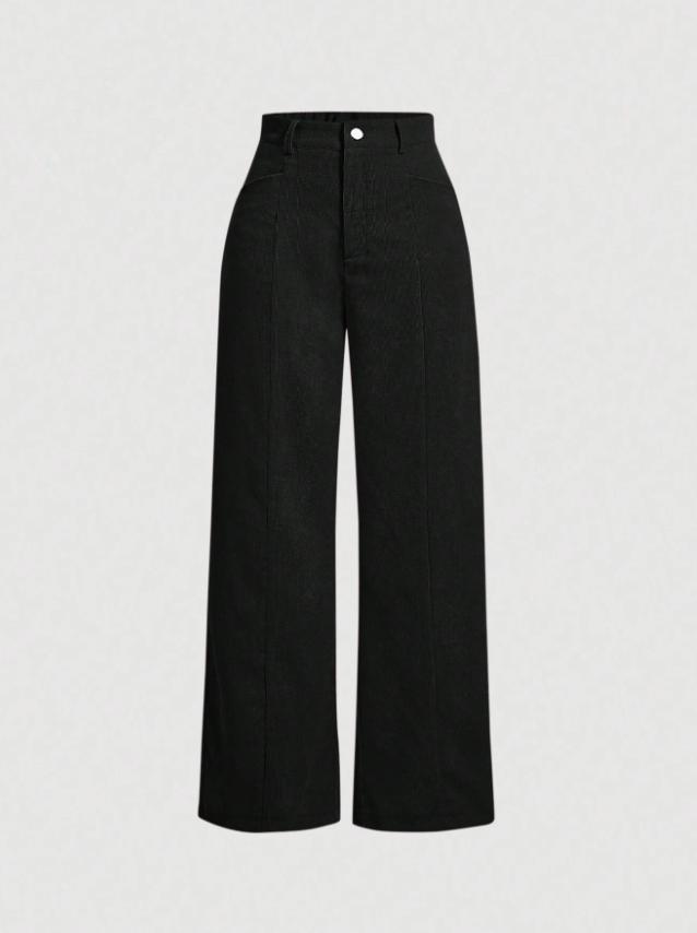Women Retro High Waist Corduroy Loose Wide Leg Casual Long Trousers S чёрный