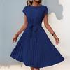 Women's Floral Printed Midi Dress Casual Crew Neck Short Sleeve Swing Dress with Belt Summer Beach Pleated Sundress