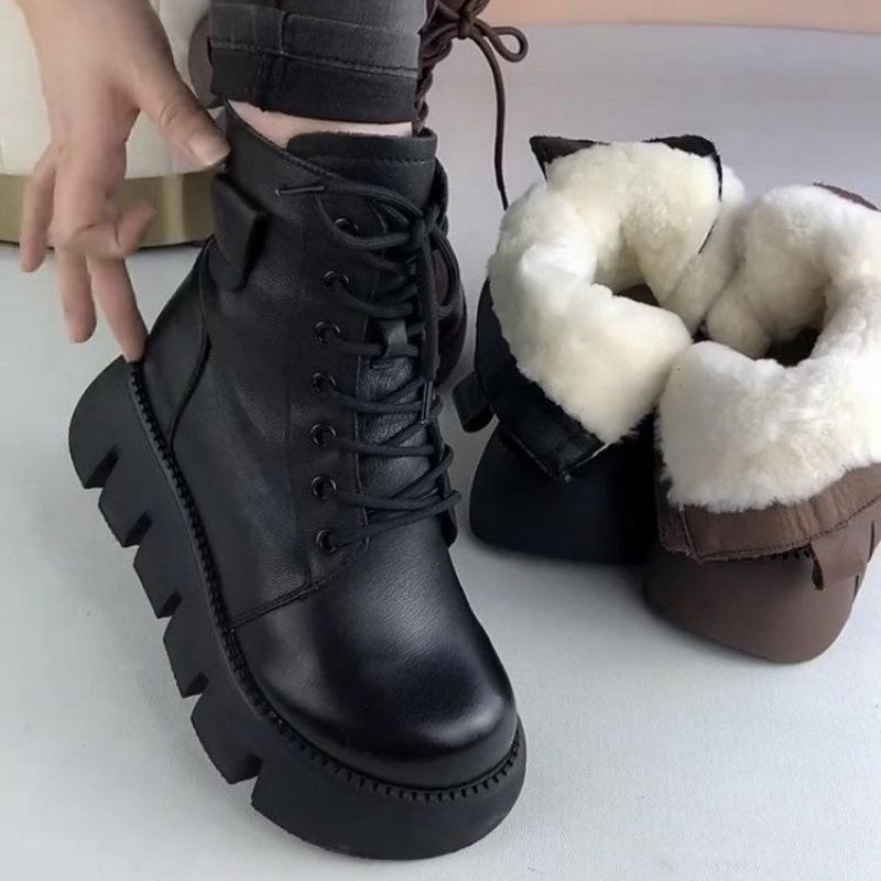 Snow Boots Women Vintage Round Toe Warm Plush Lace Up Platform Solf Anti Slip Thick BottomShort Boot