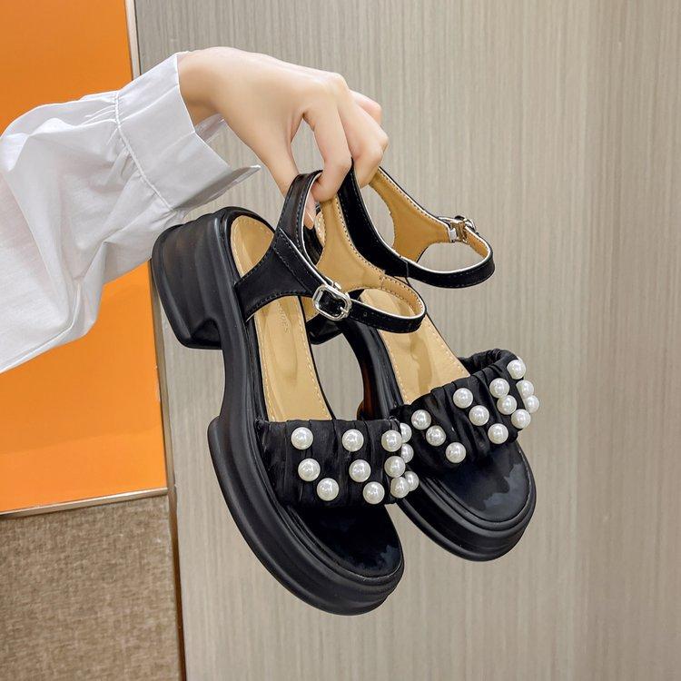 

Модные босоножки Temperament 2024 года, летние, новые, универсальные, простые, с толстой подошвой, с бусинами, удобные, женские, одинарные туфли 40 чёрный