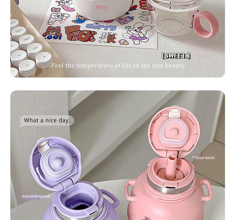 Compact Cartoon Kids' Stainless Steel Straw Thermos - Dual-Drink Design for Tea or Water