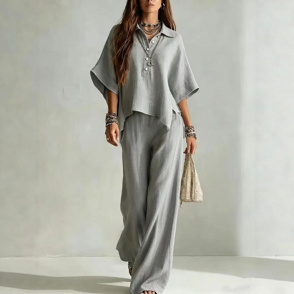 2026 New European and American Style Linen Wide-leg Pants Set Women's Summer Loose Shirt Two-piece Set Fashion Casual Trendy