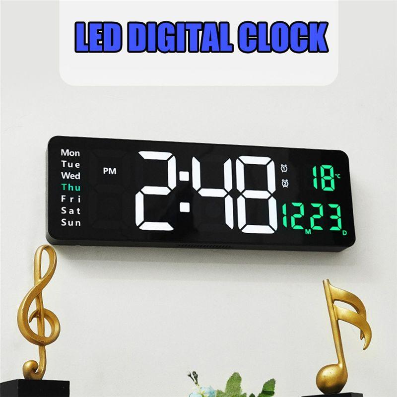 M-Modern-1 Piece LED Digital Wall Clock Temp Date Week Display Dual Electronic Alarms Table With Remote Control Green