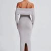 Womens Sexy Streetwear One-Shoulder Long Sleeve Knit Dress Slim Fit Midi To Maxi Length Solid Color