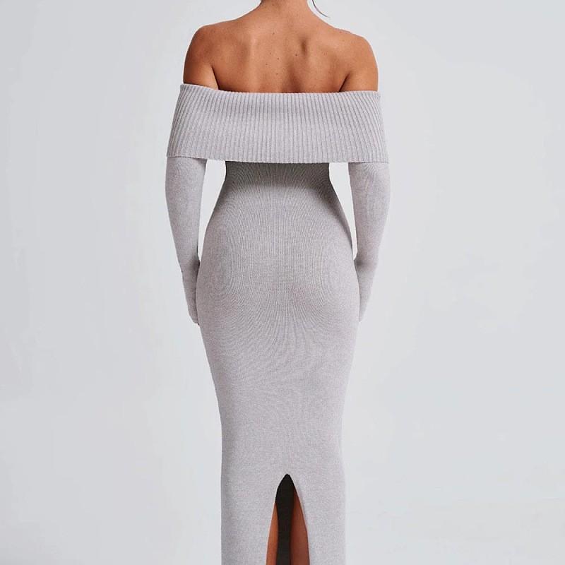 Womens Sexy Streetwear One-Shoulder Long Sleeve Knit Dress Slim Fit Midi To Maxi Length Solid Color