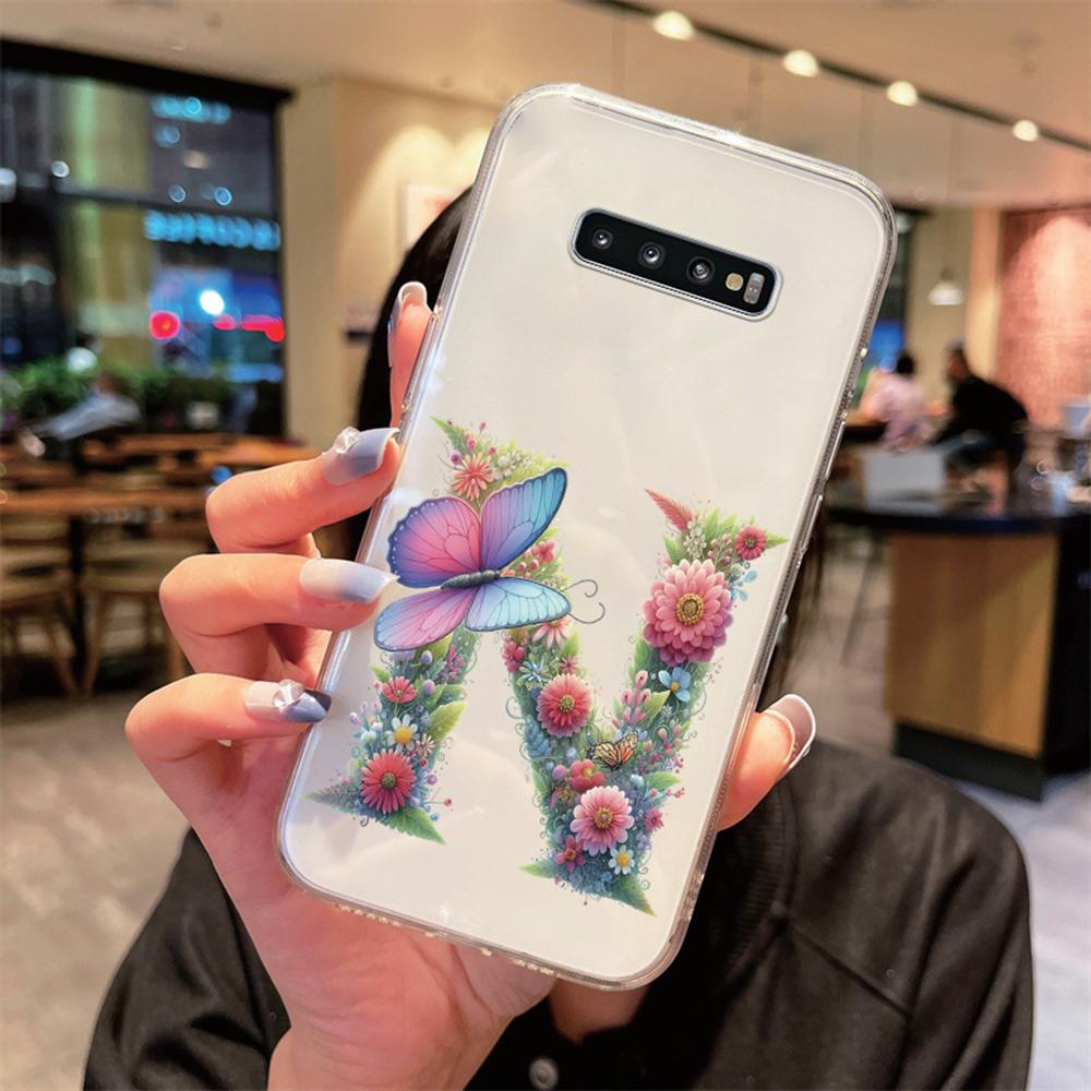 For Samsung Galaxy S10 Plus S10+ S10e Silicone Cover Transparent Clear Samsung s10 Cute Blue Butterfly Flower Letters Phone Case