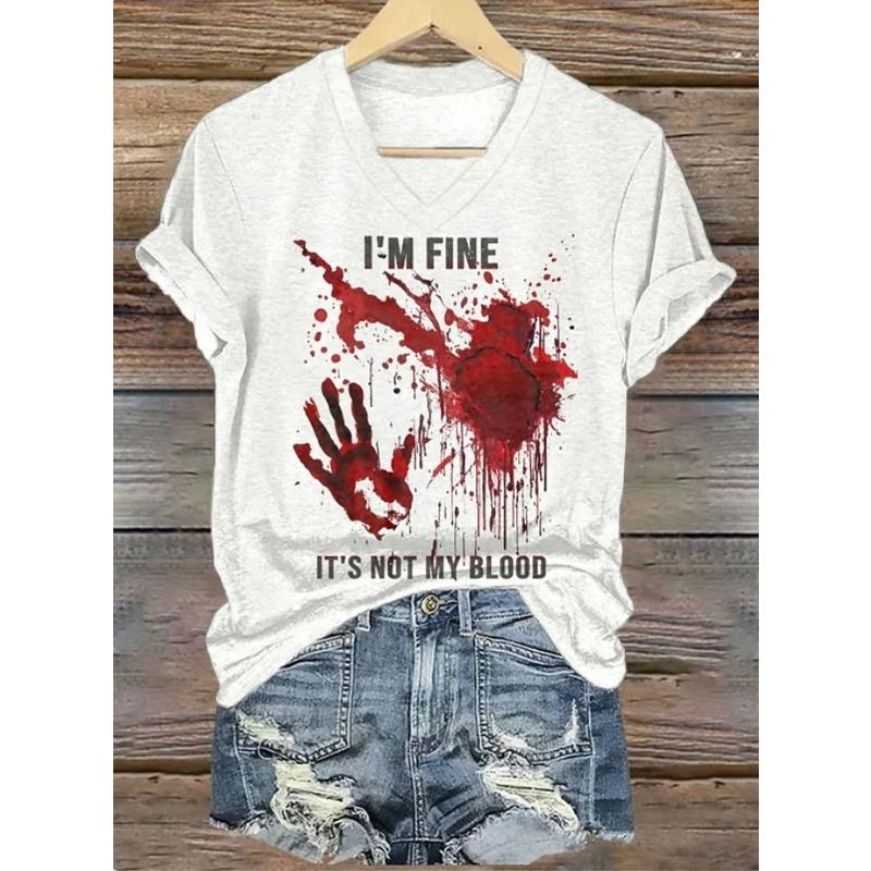 Women's T Shirt Bloodstain Graphic Letter Vintage Stylish Classic Short Sleeve V Neck Regular Tops