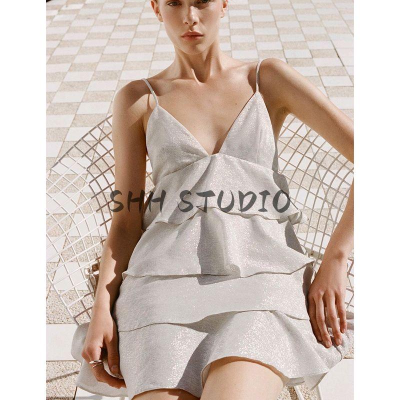Summer Women's Metallic Thread Patchwork Lining Laminated Decoration V-neck Strap Short Dress 4661344
