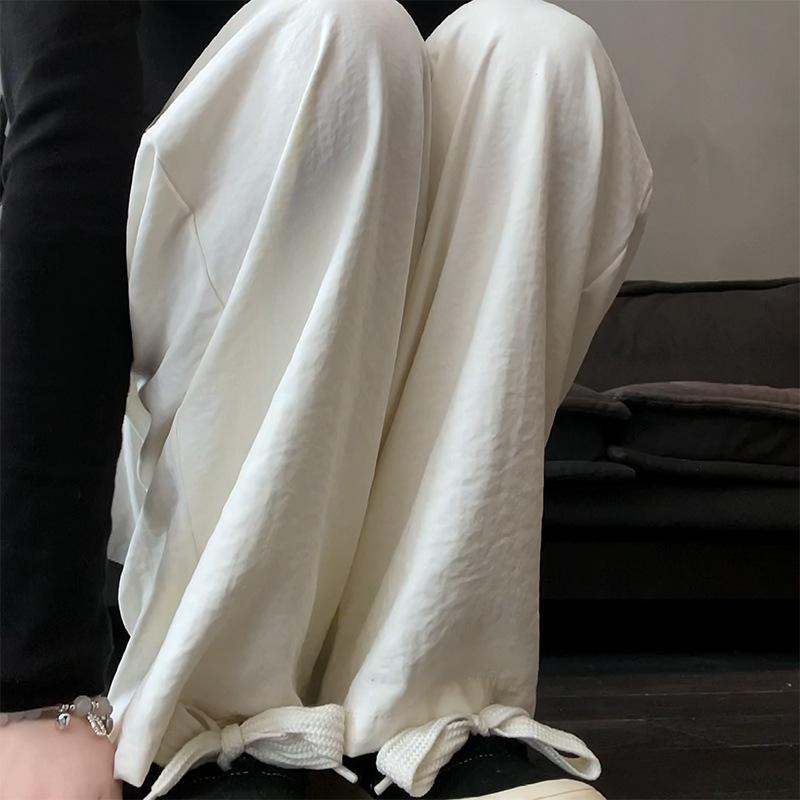 Women's Summer 2024 Ice Silk Wide-Leg Pants - White Textured Casual Petite Style