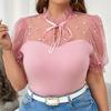 T-shirt estiva da donna taglie forti in rete con perline e volant, con laccetti al collo