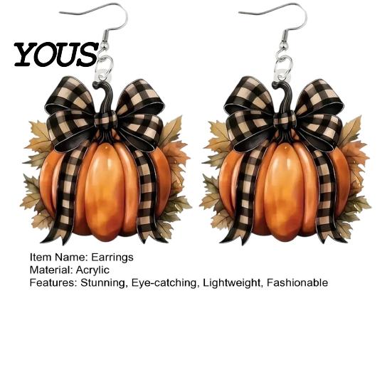 Autumn Theme Jewelry 1 Pair Pumpkin Earrings for Women, Acrylic Dangle Drop Cute with Plaid Bow, Halloween Fall Holiday Party Lightweight Accessories