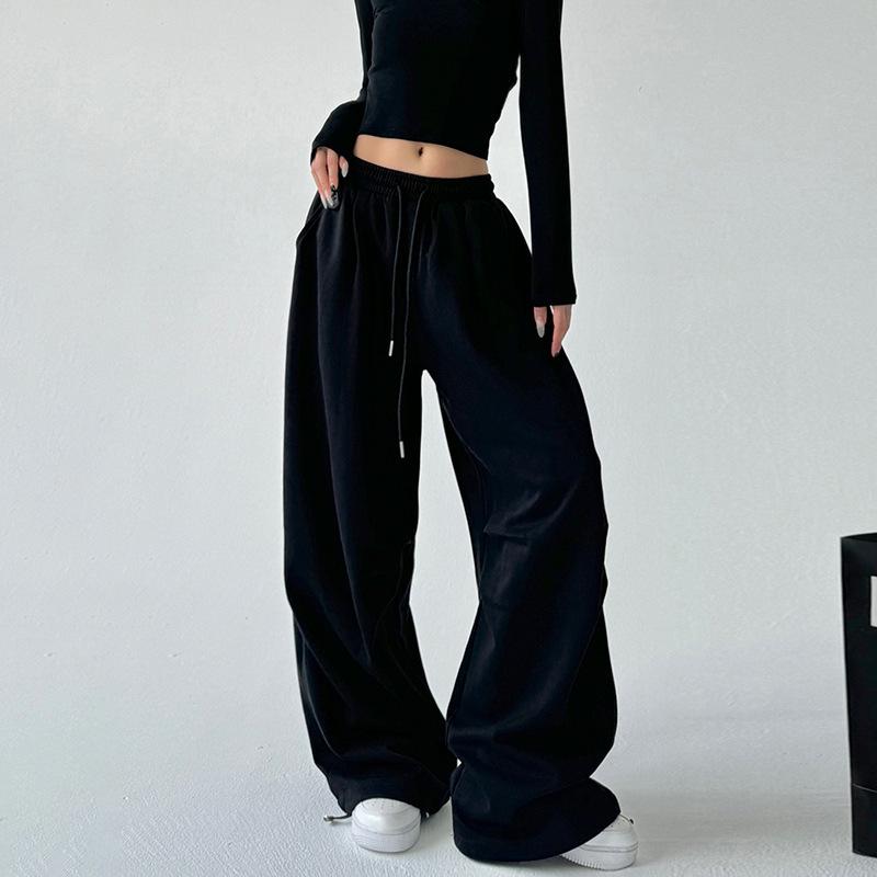 2025 Women's American-Style Grey High-Waist Cargo Sweatpants - Spring/Autumn Wide-Leg Loose Fit