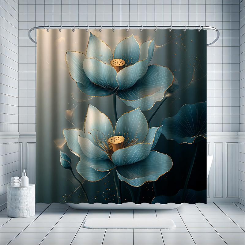 Artistic Lotus Shower Curtain Set - Ink Wash Style, Waterproof Polyester, Bathtub Partition, Modern Bathroom Decor
