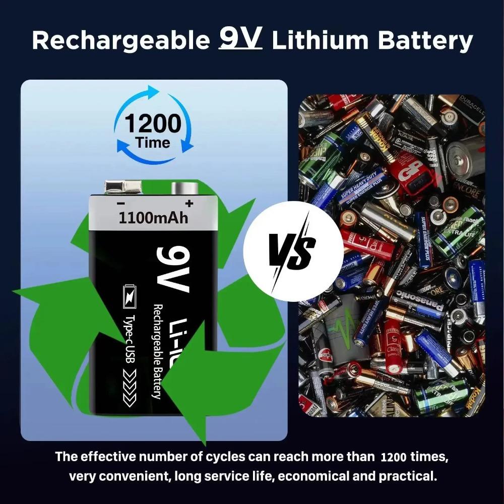 9V Battery Rechargeable 1100mAh USB Type-C 6F22 9V Li-ion Battery for Multimeter, RC Toys, Guitar Pedal, Microphone