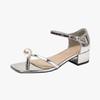 French Square Head Pearl One-word Buckle with Thick Heel Sandals Women's Summer 2025 New Fairy Wind Toe Roman Shoes