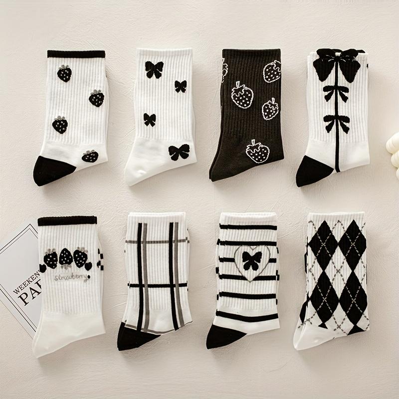 

8 пар носков с принтом «Клубника и бант», удобные и милые носки средней длины, женские чулки и чулочно-носочные изделия One-size