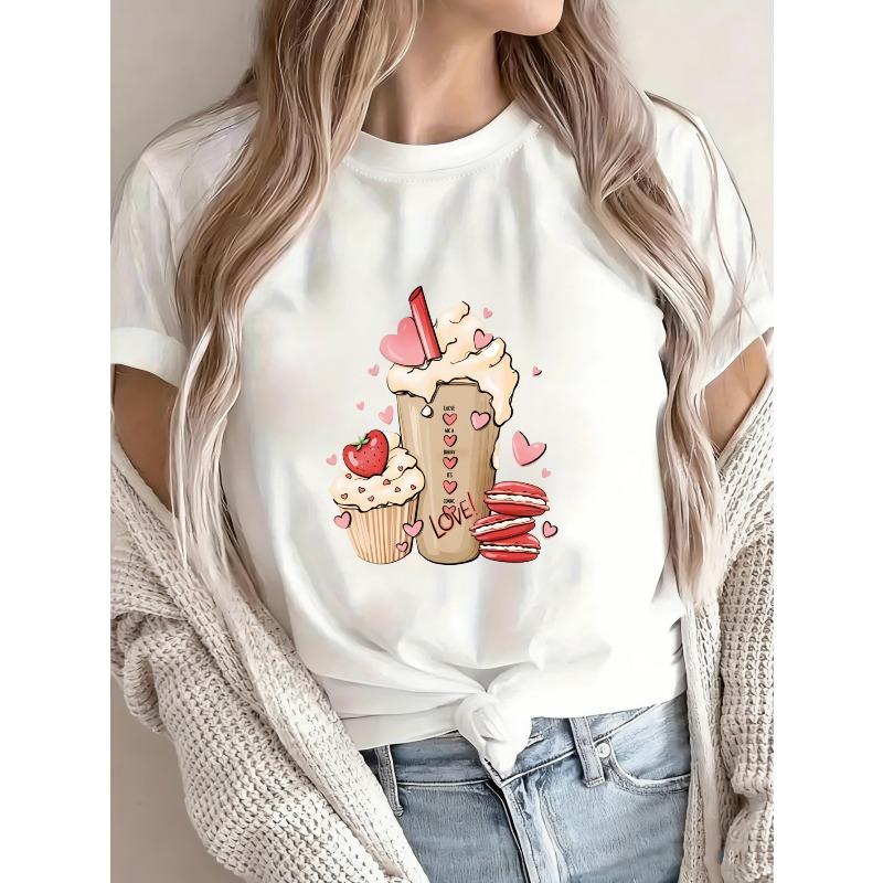 Weißes T-Shirt mit Cupcake- und Milchshake-Print für Freizeitkleidung