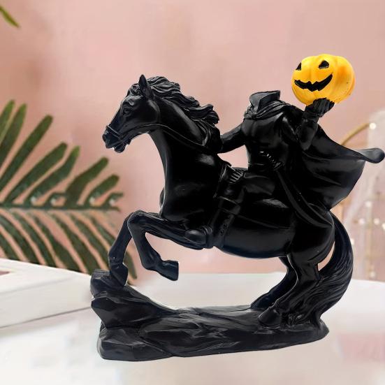 Unique Holiday Gift Headless Horseman Statue with Pumpkin, Horror Knight Holding Pumpkin Decorative Resin Ornament, Halloween Horse Sculpture