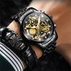 Men's Stainless Steel Band Quartz Watch Luminous Hands Waterproof Mechanical Style Skeleton Dial with Date Display and Tachymeter Scale