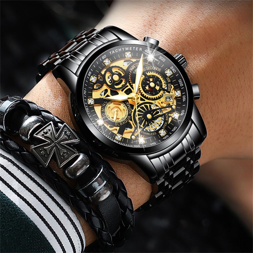 Men's Stainless Steel Band Quartz Watch Luminous Hands Waterproof Mechanical Style Skeleton Dial with Date Display and Tachymeter Scale