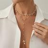 Spice Girl Cross Metal Pendant Necklace Elegant Pearl Beaded Y-Shaped Clavicle Chain Multilayer